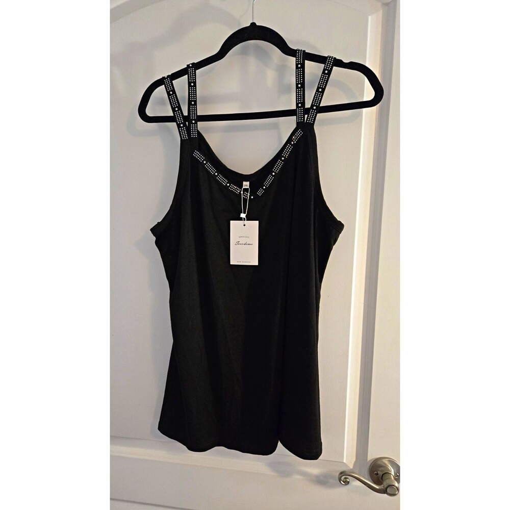 Soesdemo Women's Black Rhinestone Studded Strap V-Neck Camisole Tank 2XL